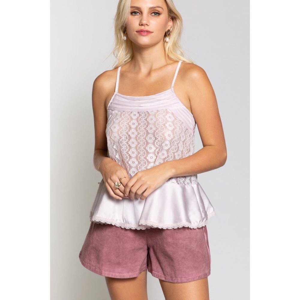 POL Pale Pink Satin & Lace Peplum Cami Layering Top - Picture 6 of 10